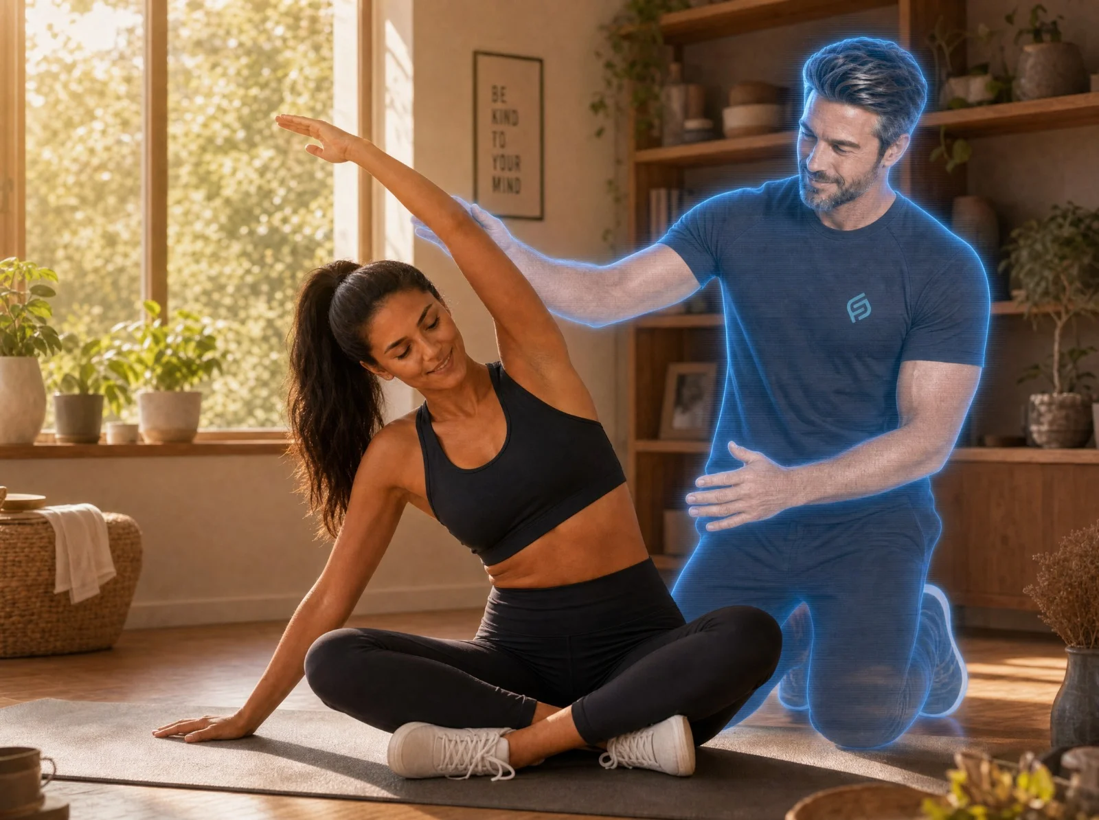 Frau beim Stretching auf der Yogamatte, Coach als Hologramm im Hintergrund — Bewegung im Alltag zuhause