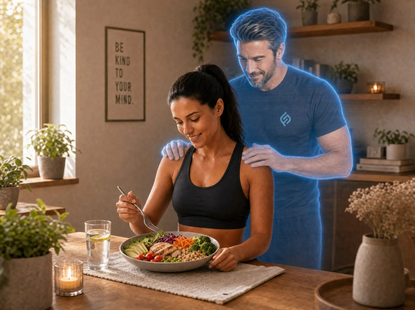 Frau isst eine bunte Bowl mit Gemüse und Hähnchen, Coach als Hologramm — bewusste Ernährung im Alltag