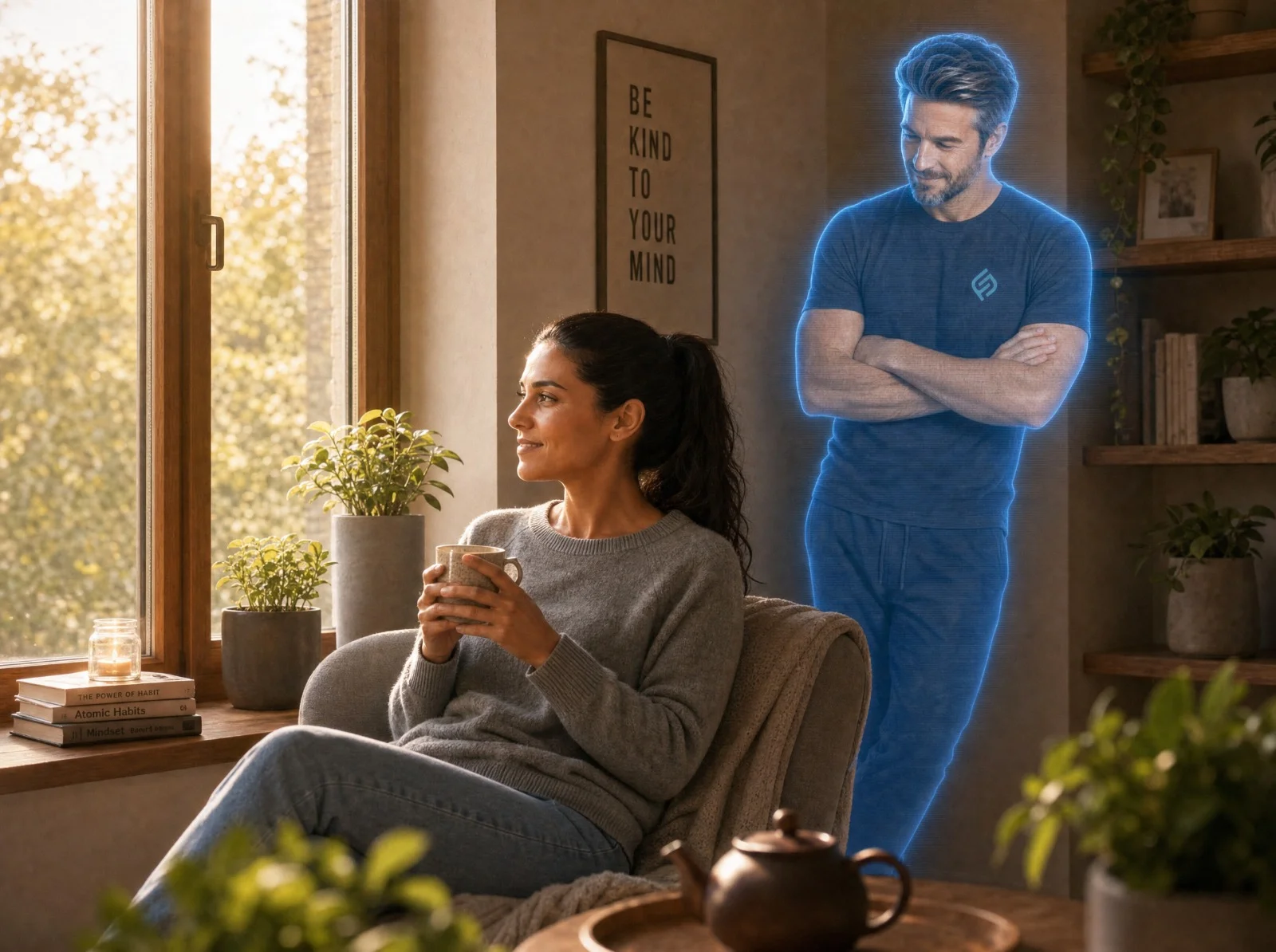 Frau sitzt entspannt mit Tasse Tee am Fenster, Coach als Hologramm — ruhiger Moment für mentale Balance