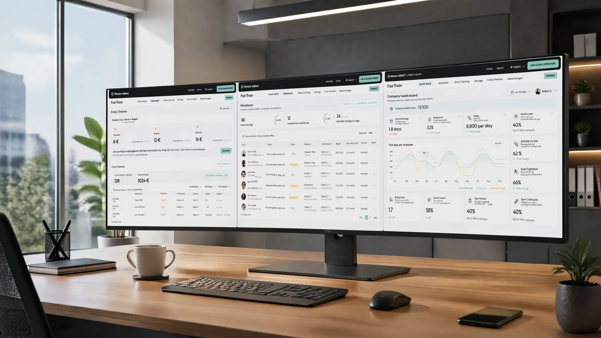Modernes Corporate-Dashboard auf Ultrawide-Monitor in Premium-Büro