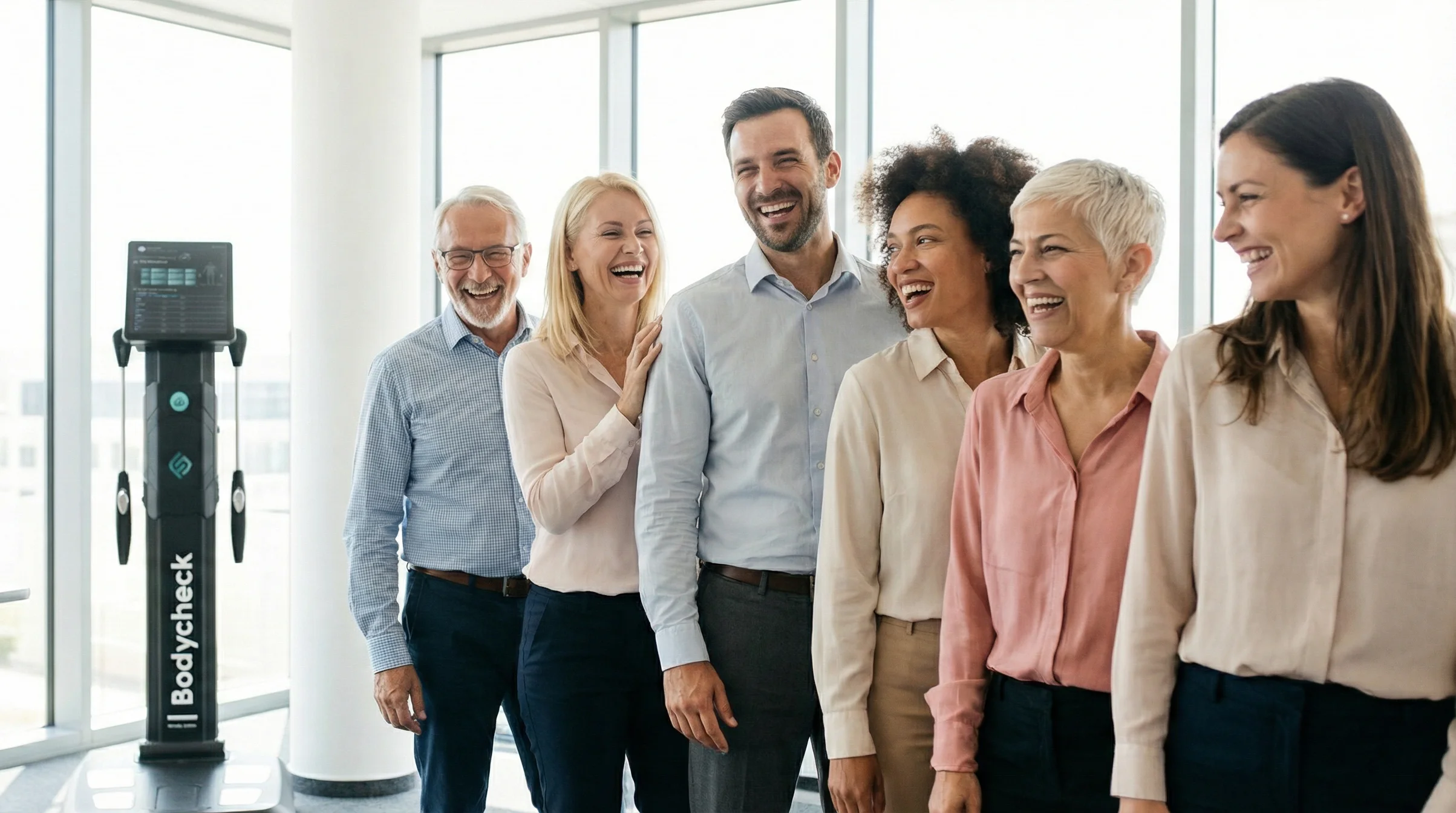Corporate Health Day mit Körperanalyse-Station in modernem Firmenfoyer