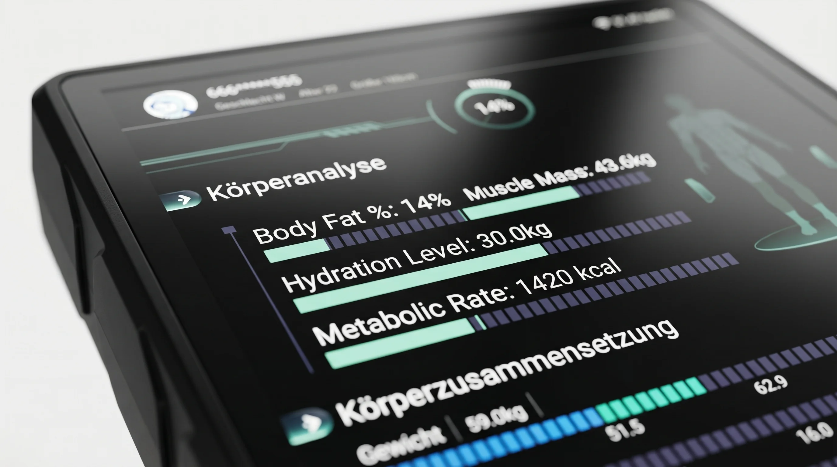 Close-up Display Körperanalyse-Gerät mit Health-Metriken