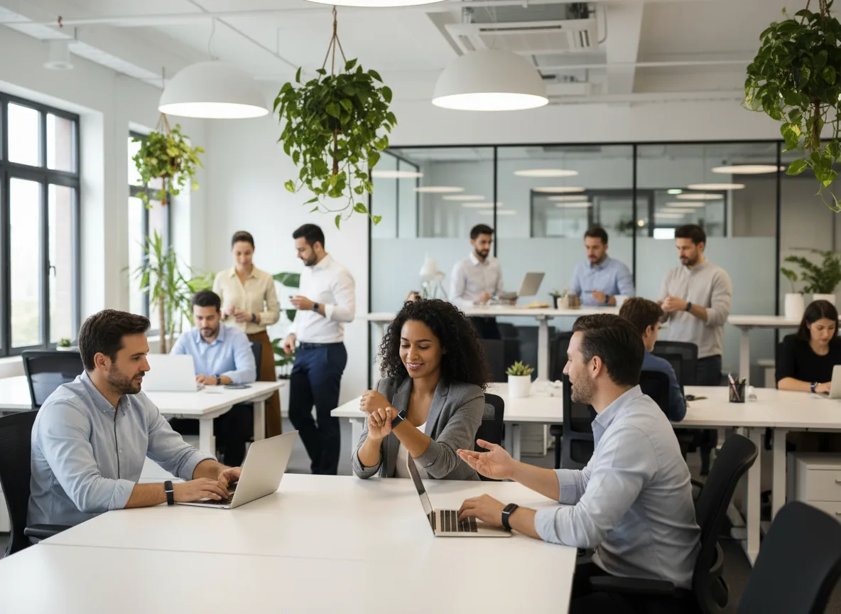 Corporate wellness program, diverse employees wearing trackers in modern office