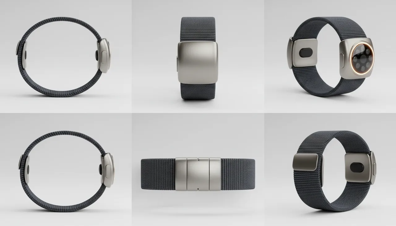 Close-up of Cue wristband from multiple angles, premium materials
