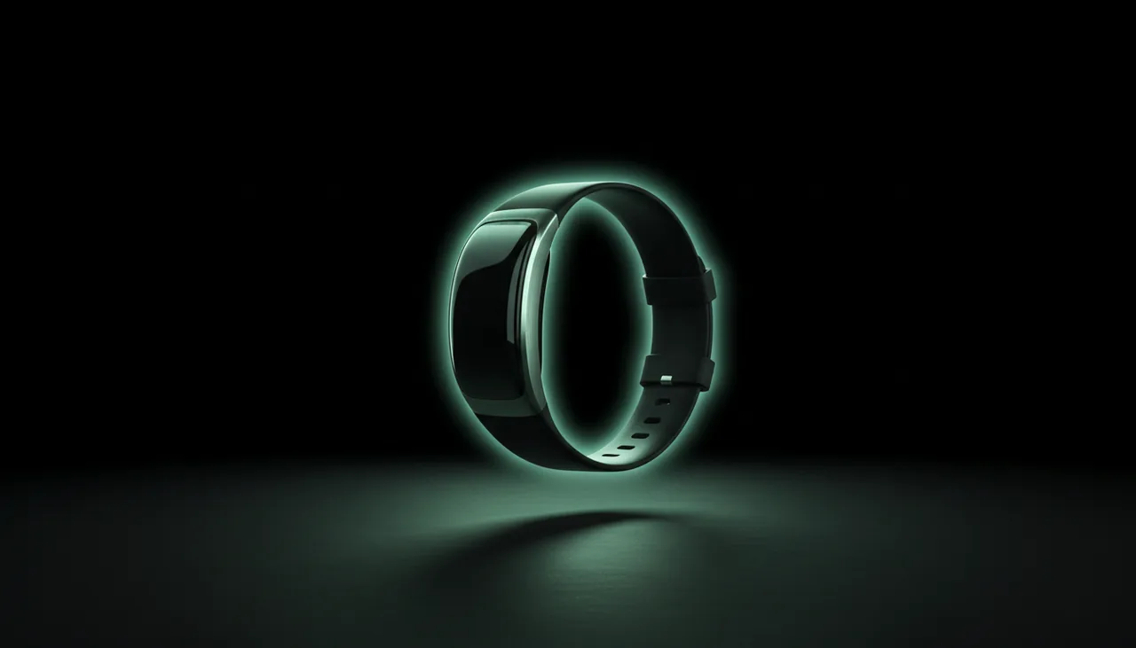 Sleek health tracking wristband floating against dark minimal background