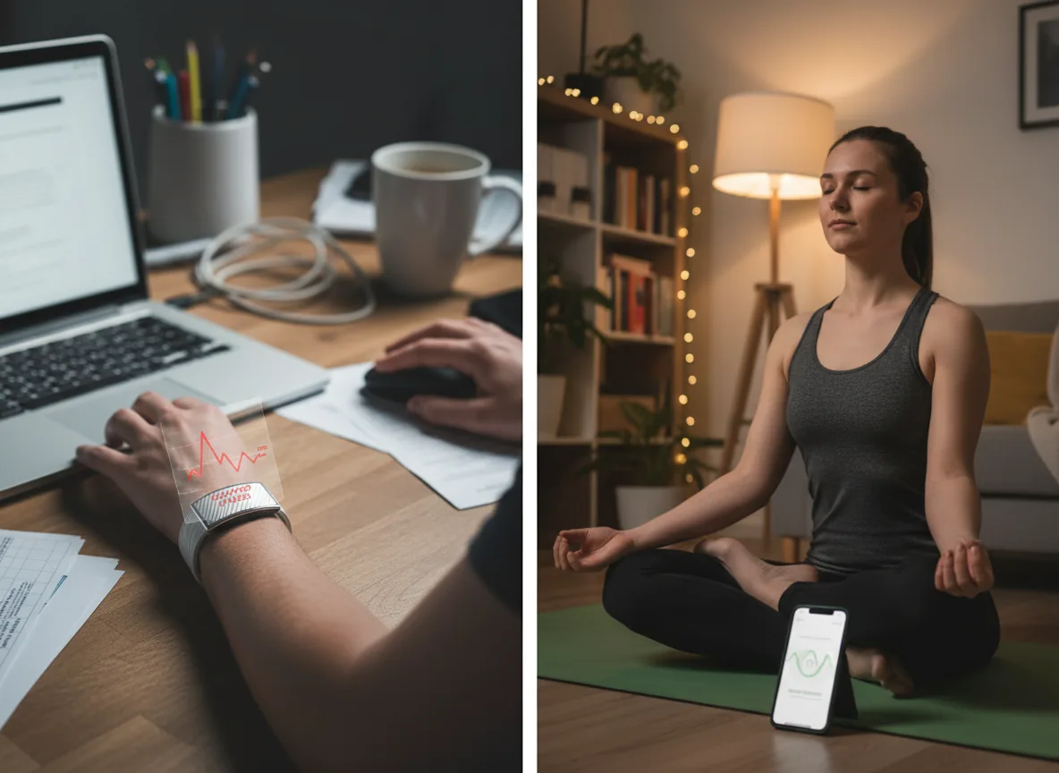Wristband showing stress data during work vs. evening recovery
