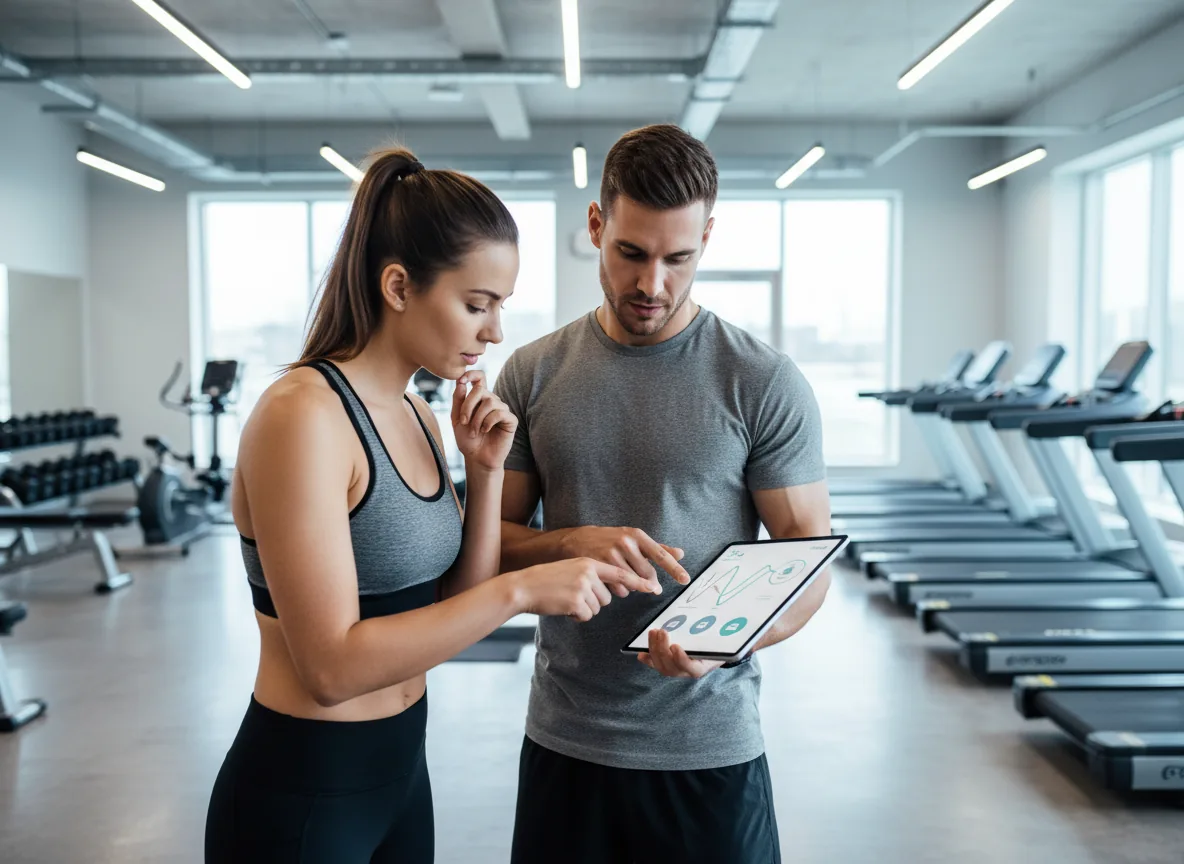 Fitness studio trainer reviewing wearable data on tablet