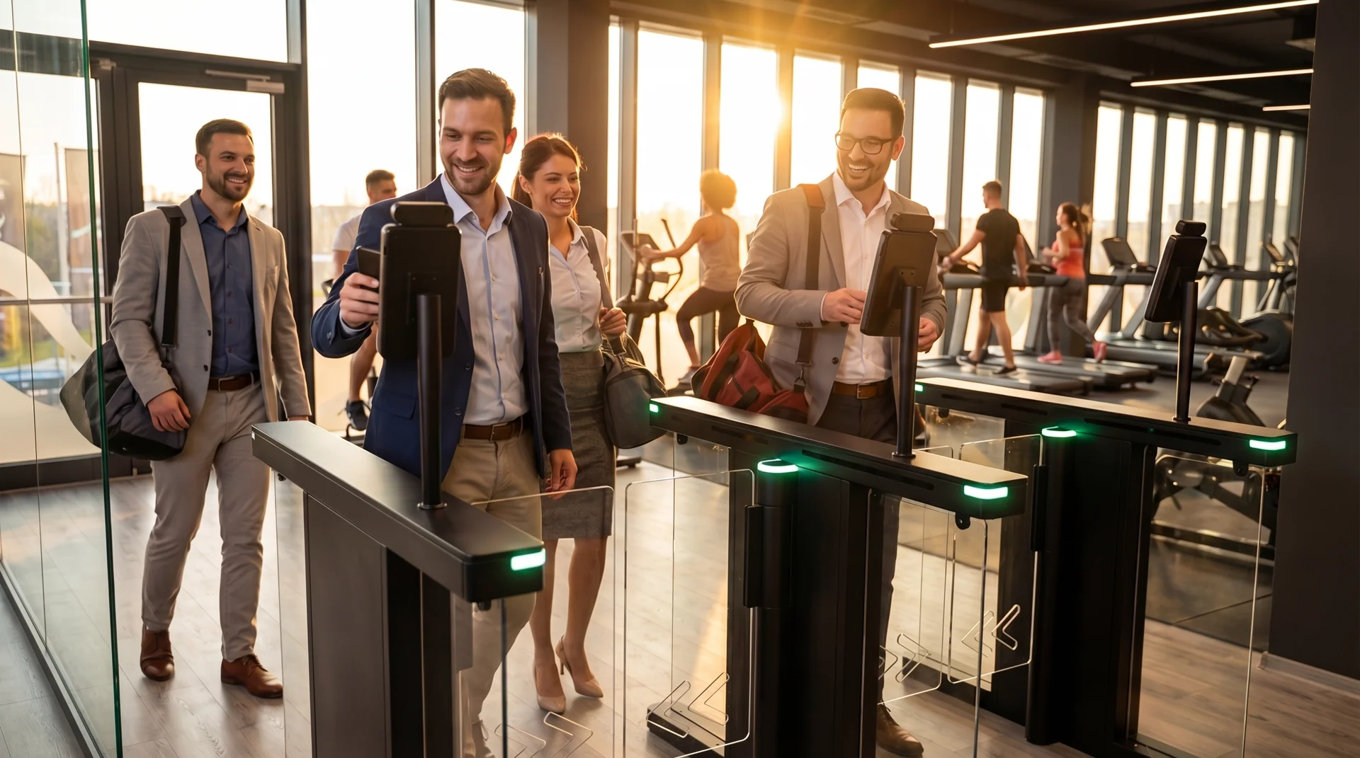 Diverse Mitarbeitende betreten nach Feierabend ein modernes Fitnessstudio