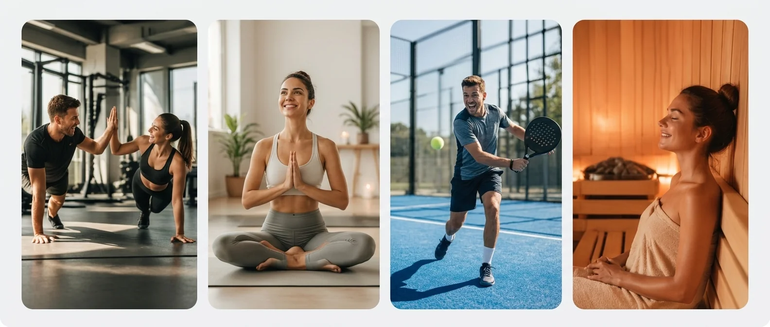 Montage verschiedener Fitness-Umgebungen: Gym, Yoga-Studio, Schwimmbad, Outdoor-Sportfeld