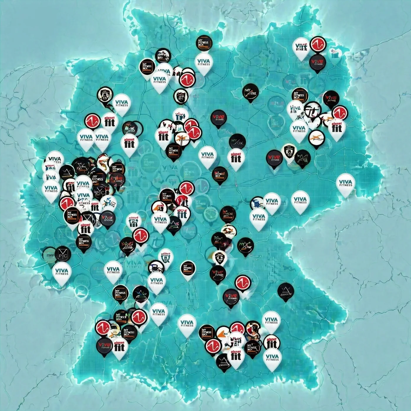 Stadtplan-Visualisierung mit mehreren Gym- und Studio-Standorten