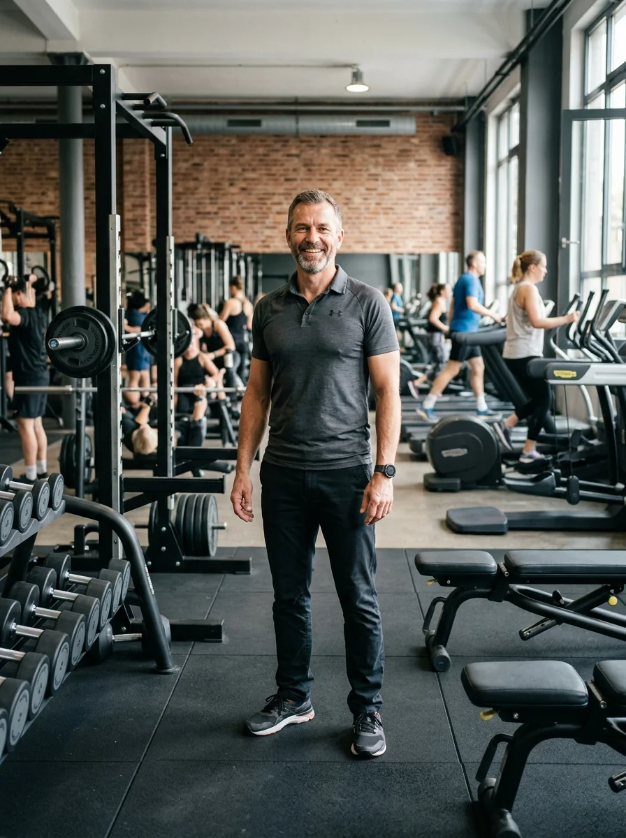 Selbstbewusster Studiobetreiber in seinem modernen Fitnessstudio