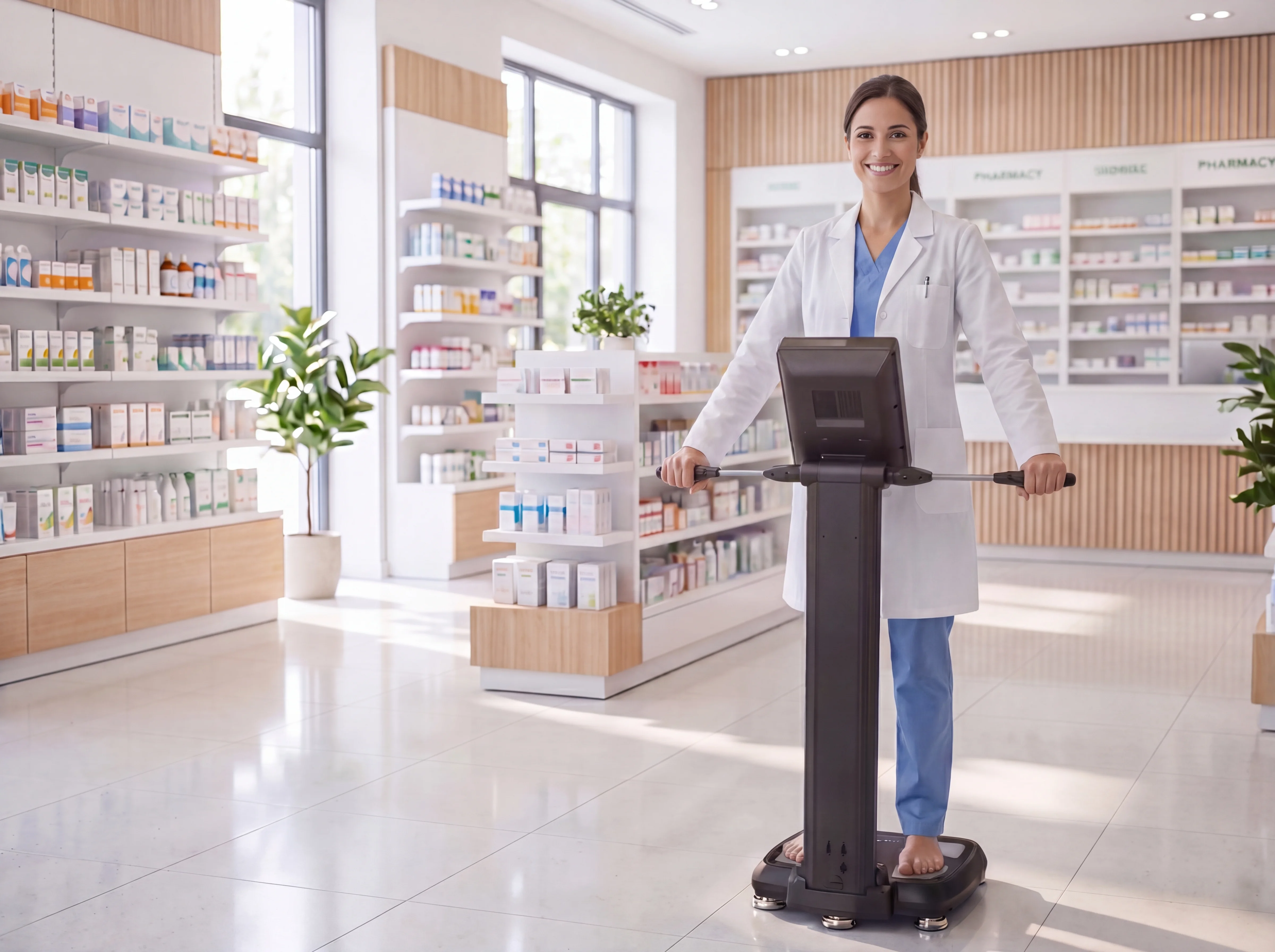 Apothekerin macht selbst einen Bodycheck in der Pause mit CARE-Programm