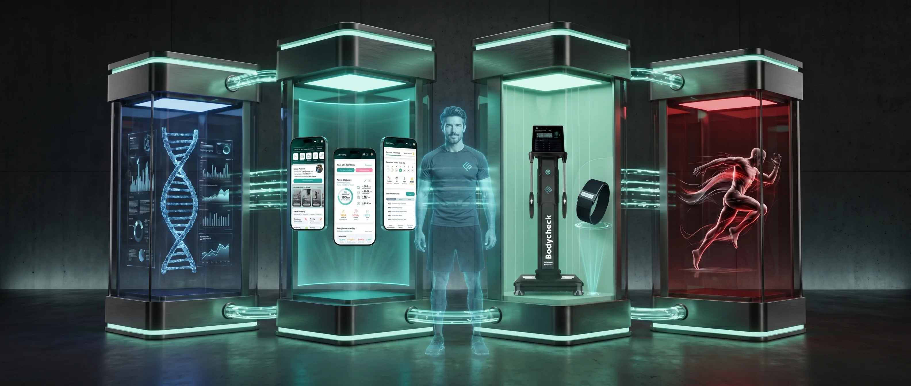 Dark Premium Infographic: Vier verbundene Plattform-Säulen (Science, Coaching, Data, Movement) als moderne architektonische Elemente mit Mint-Akzentbeleuchtung