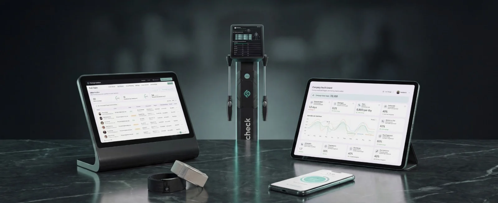 Bodycheck-Gerät, Cue-Armband, Fairtrain-Terminal und Board-Dashboard als Produkt-Ökosystem
