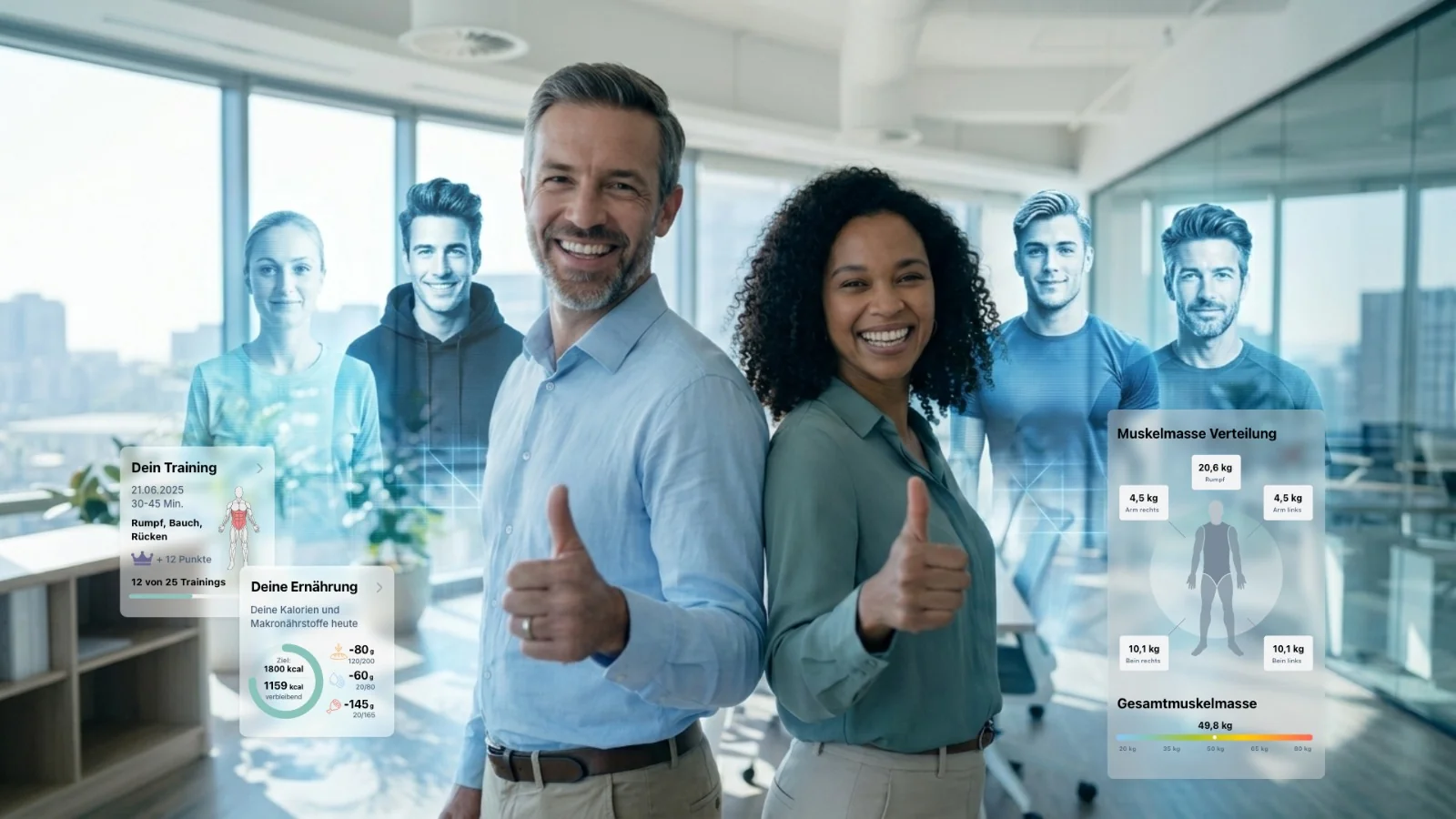 Lachende Kollegen mit Daumen hoch in hellem, modernem Büro – holographische Team-Avatare und eingeblendete Trainings-, Ernährungs- und Muskelmasse-Dashboards der fitness nation Plattform