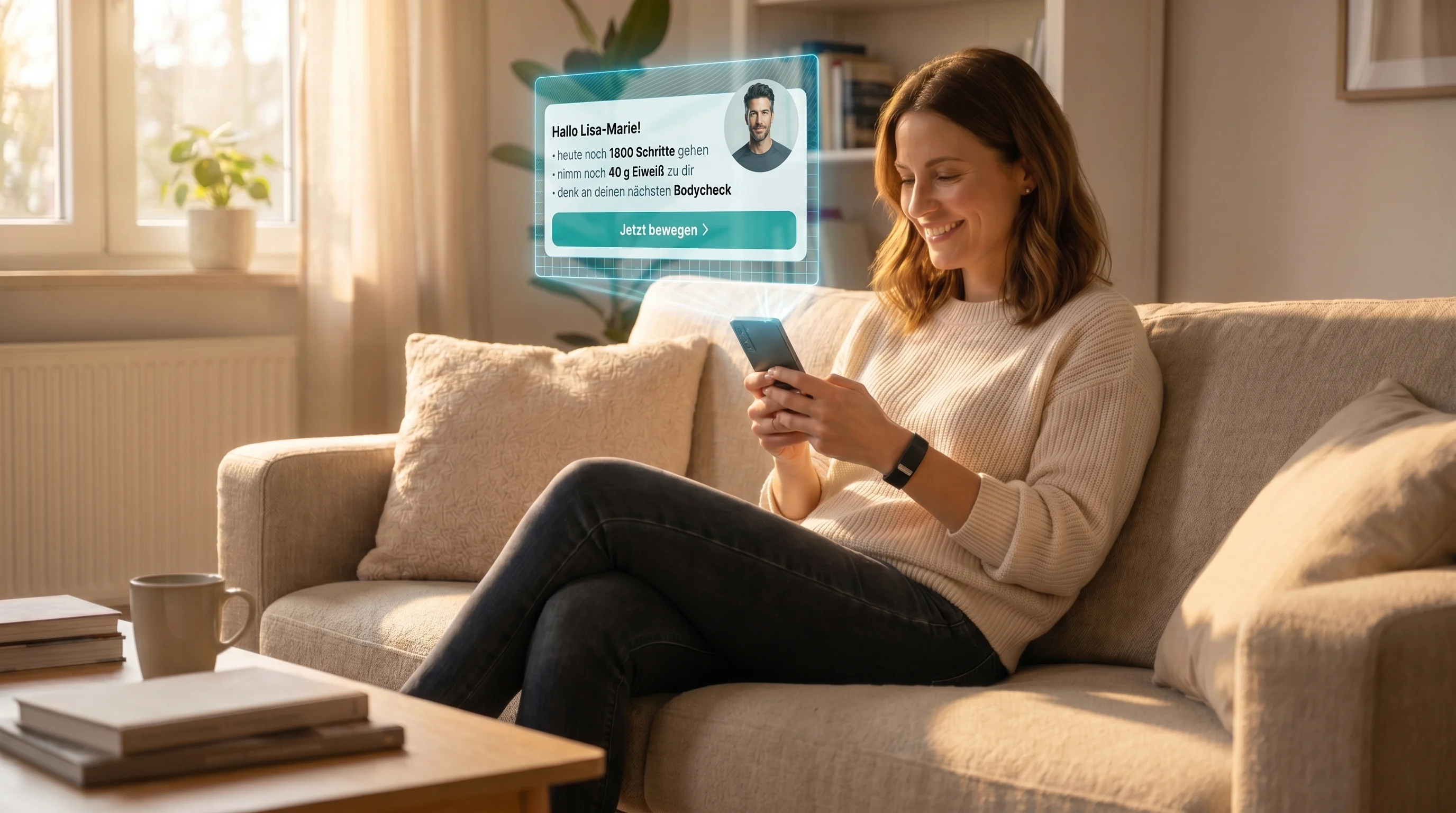 Person nutzt Health-Coaching-App zuhause – entspannt, alltagsnah, Lifestyle-Atmosphäre