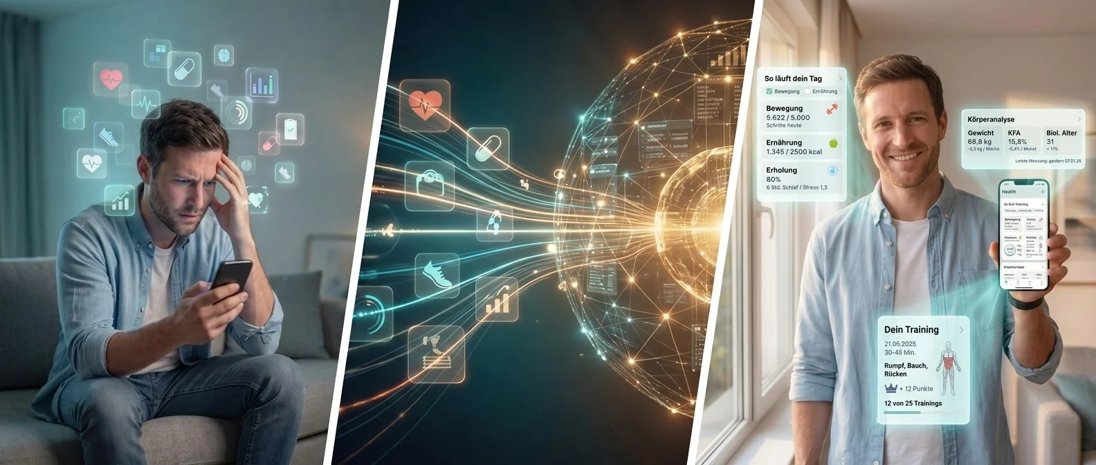 Narratives Triptychon: Person überfordert von Health-App-Overload, moderne digitale Health-Trend-Visualisierung, einheitliche Plattform-Lösung auf Geräten
