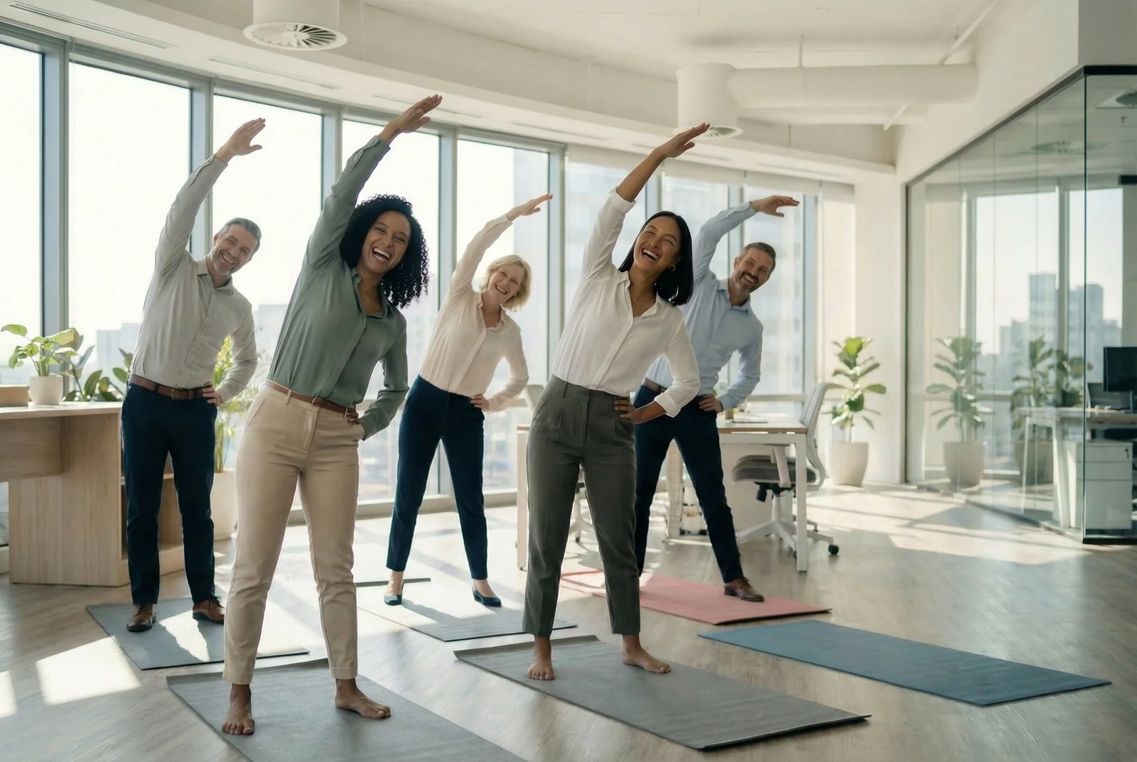 Diverses Team macht gemeinsam Dehnübungen auf Yogamatten in hellem, modernem Büro – aktive Pause und Bewegung am Arbeitsplatz