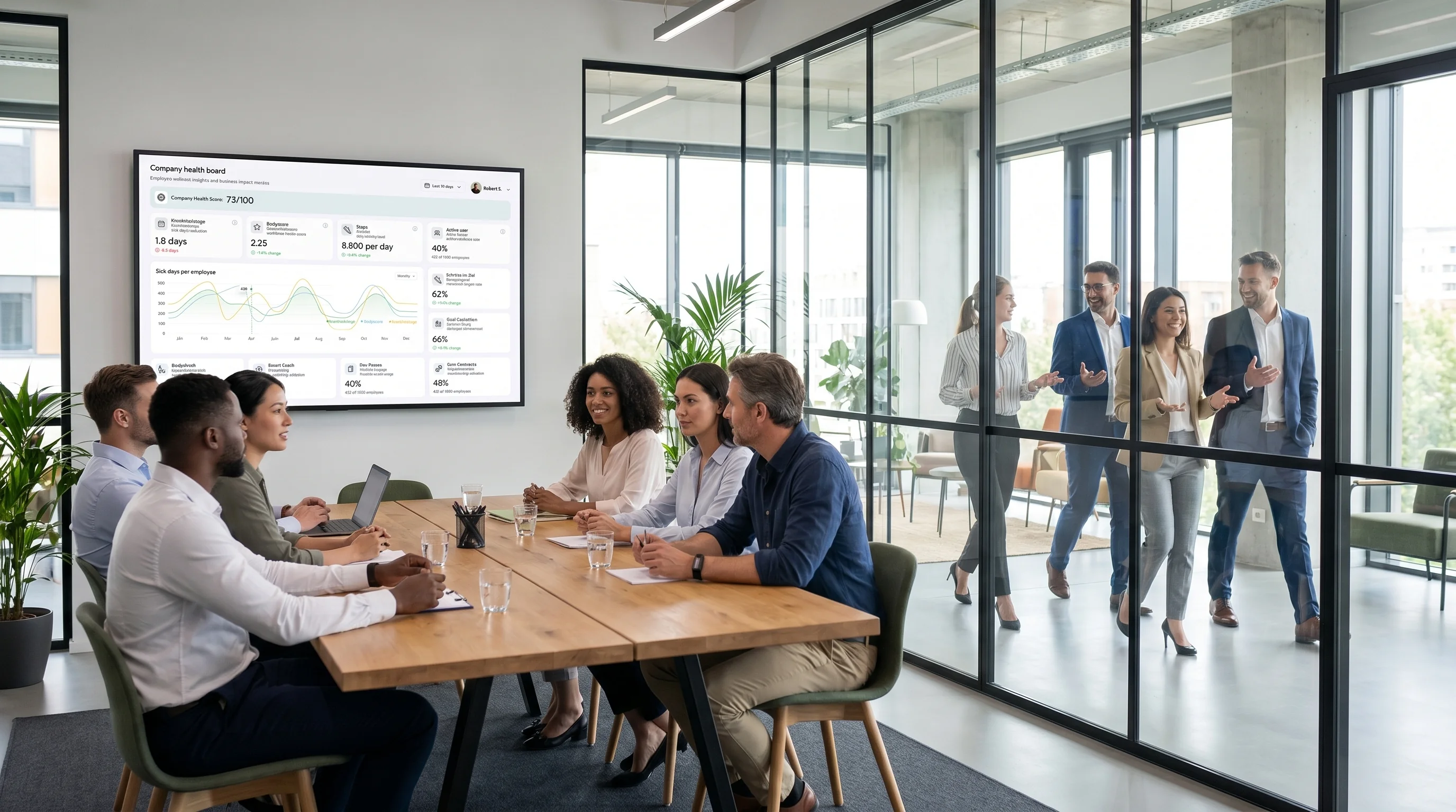 Corporate Team in modernem Büro mit Health-Programm – professionell, strukturiert, B2B-Atmosphäre