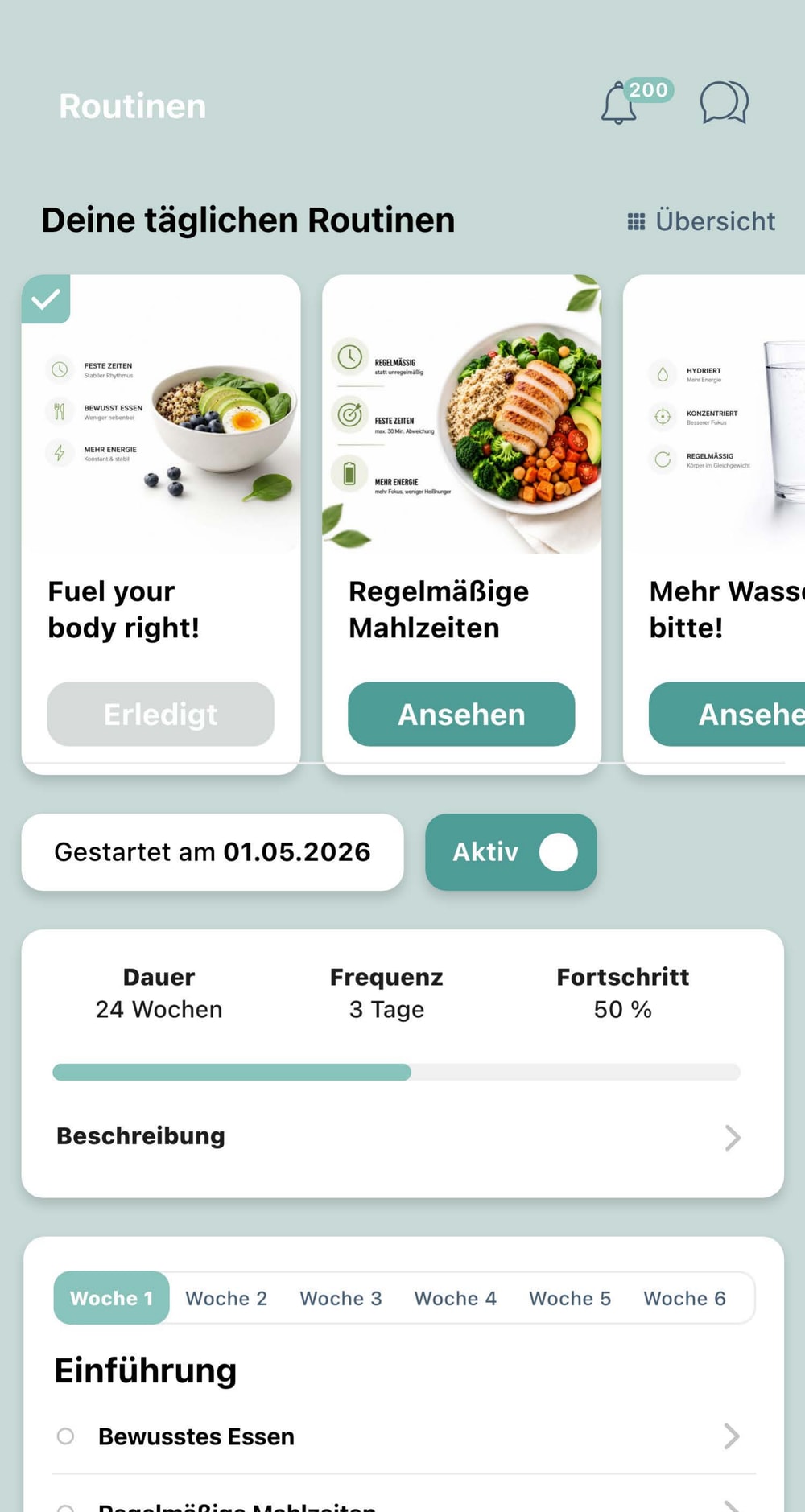 ReadyHealth App: tägliche Routinen und Wochenfortschritt